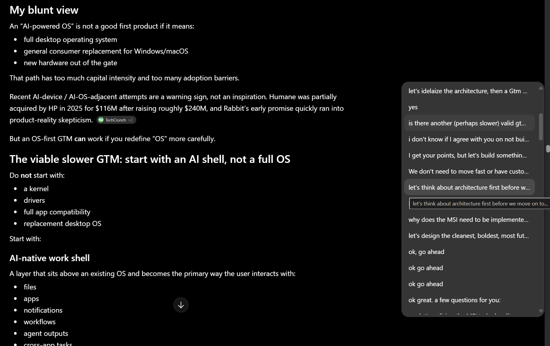 ChatGPT's blunt business advice against building a full OS, with the conversation thread on the right showing the pivotal bold response